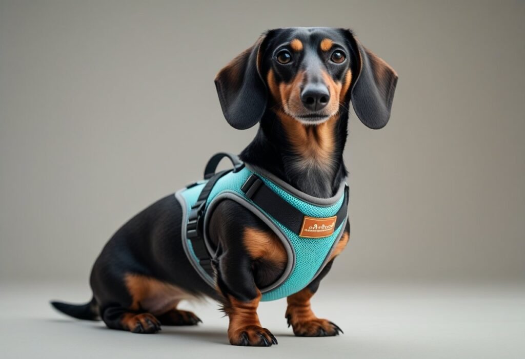 Dachshund wearing a harness prepared for obedience and behavior training.