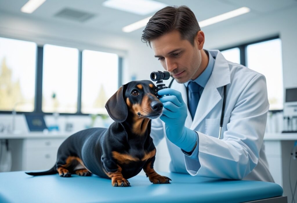 Vet examining Dachshund’s eyes during routine checkup.