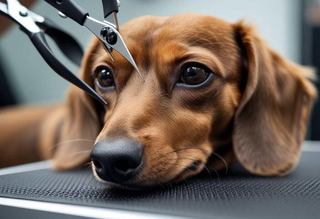 Groomer trimming Dachshund’s facial hair near eyes safely.