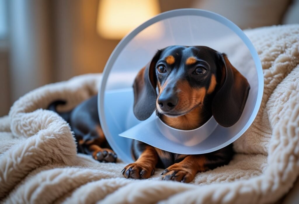 Dachshund resting with soft cone after eye treatment.