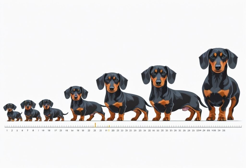 Illustration showing dachshund dogs growing in size from a small puppy to a full-grown adult arranged in a timeline.