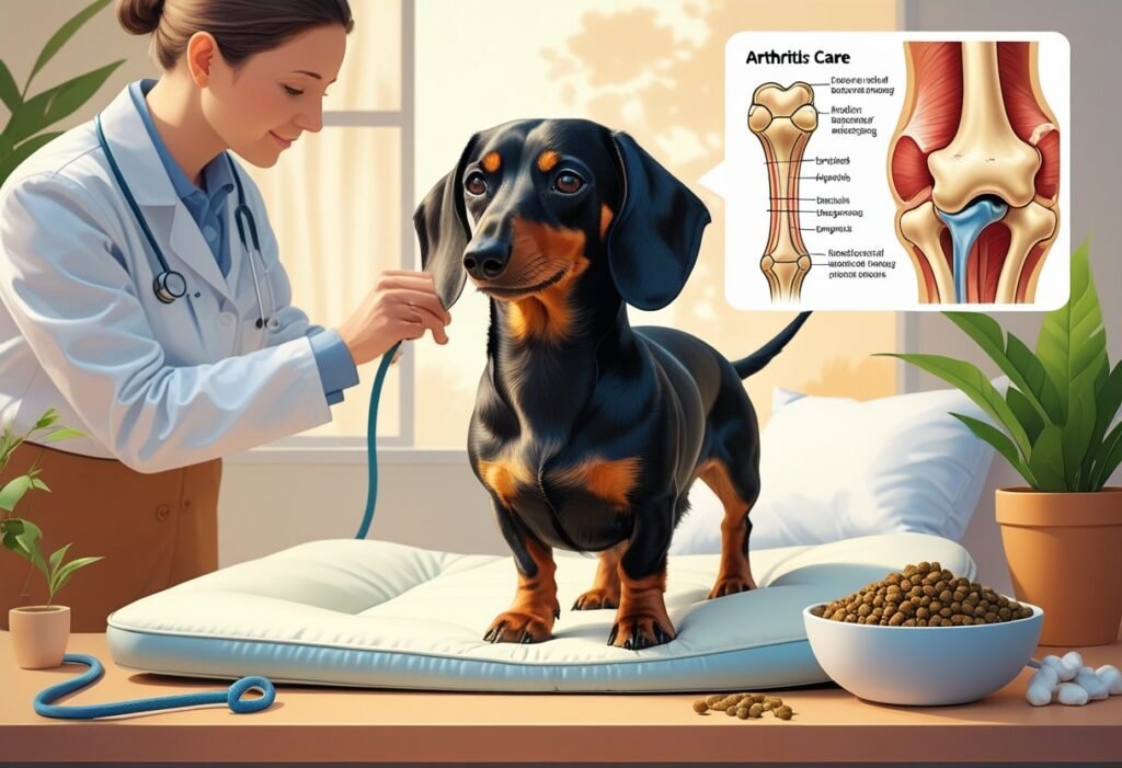 A dachshund resting on a soft bed with a veterinarian examining its joints, accompanied by images of healthy and arthritic joints, nutritious food, and a leash.