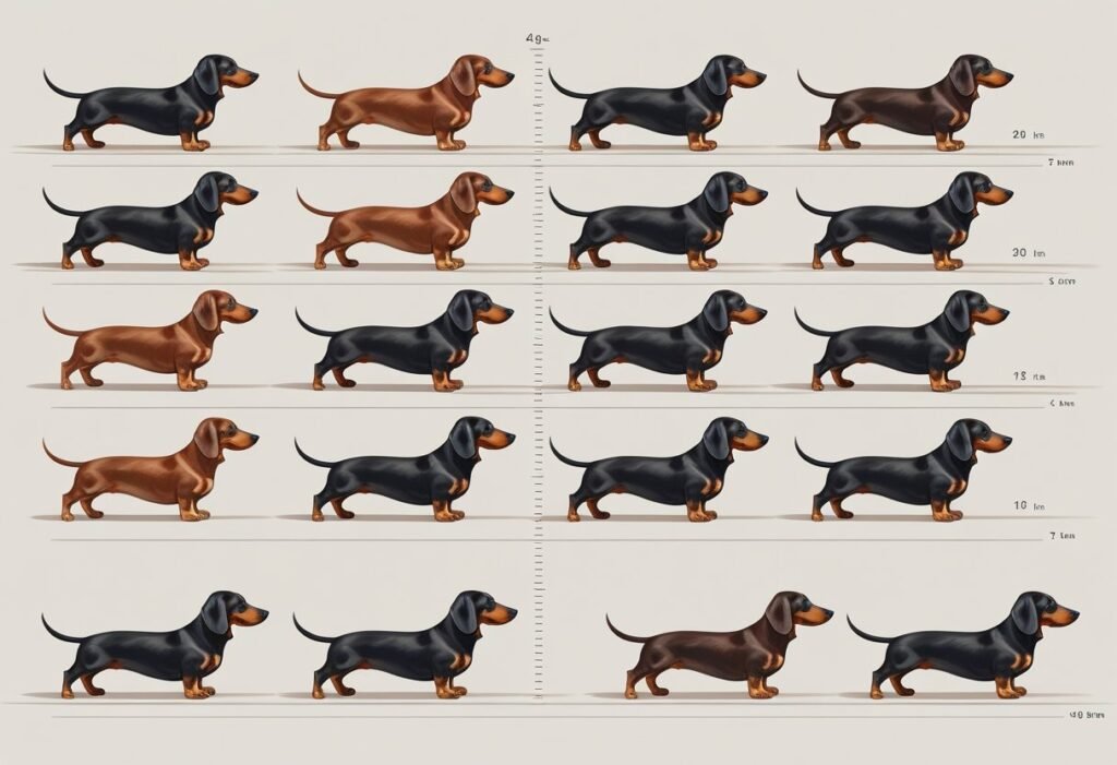 Illustration showing dachshunds at different growth stages arranged along a measurement scale without any text.
