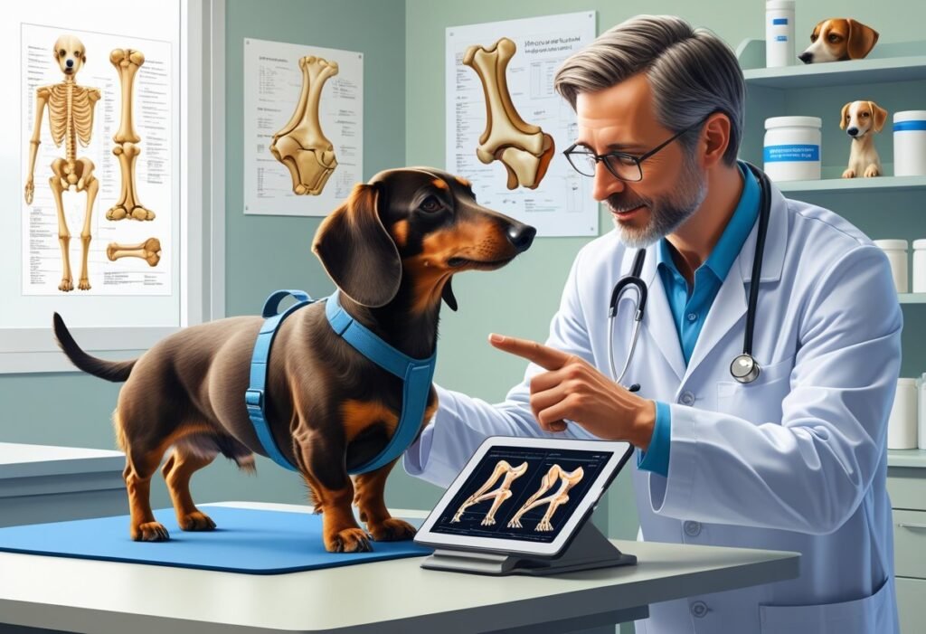 A veterinarian examining an elderly dachshund on an exam table in a veterinary clinic, with medical charts and joint models in the background.