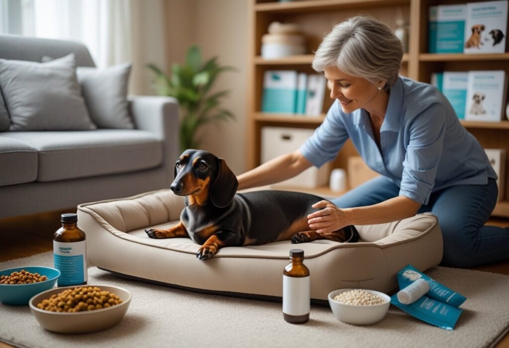 A dachshund resting on an orthopedic bed with its owner gently massaging its legs in a cozy home setting surrounded by pet care items.