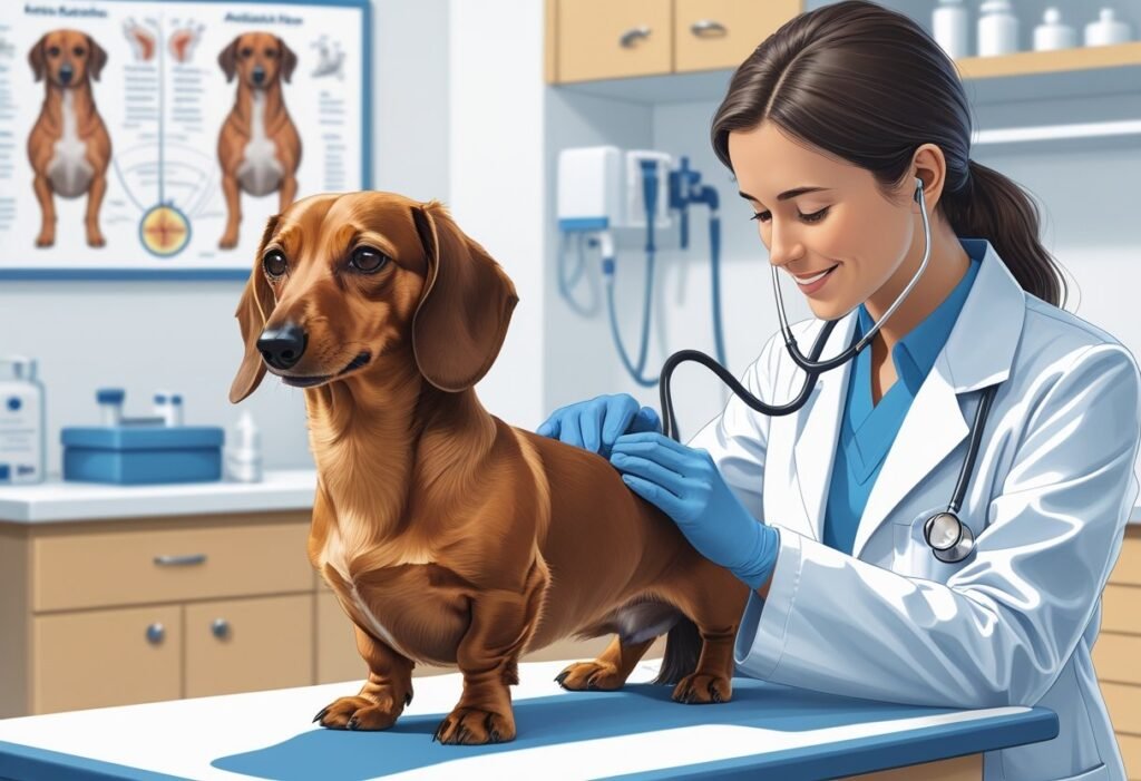 A veterinarian gently examining an elderly dachshund dog on an examination table in a veterinary clinic.
