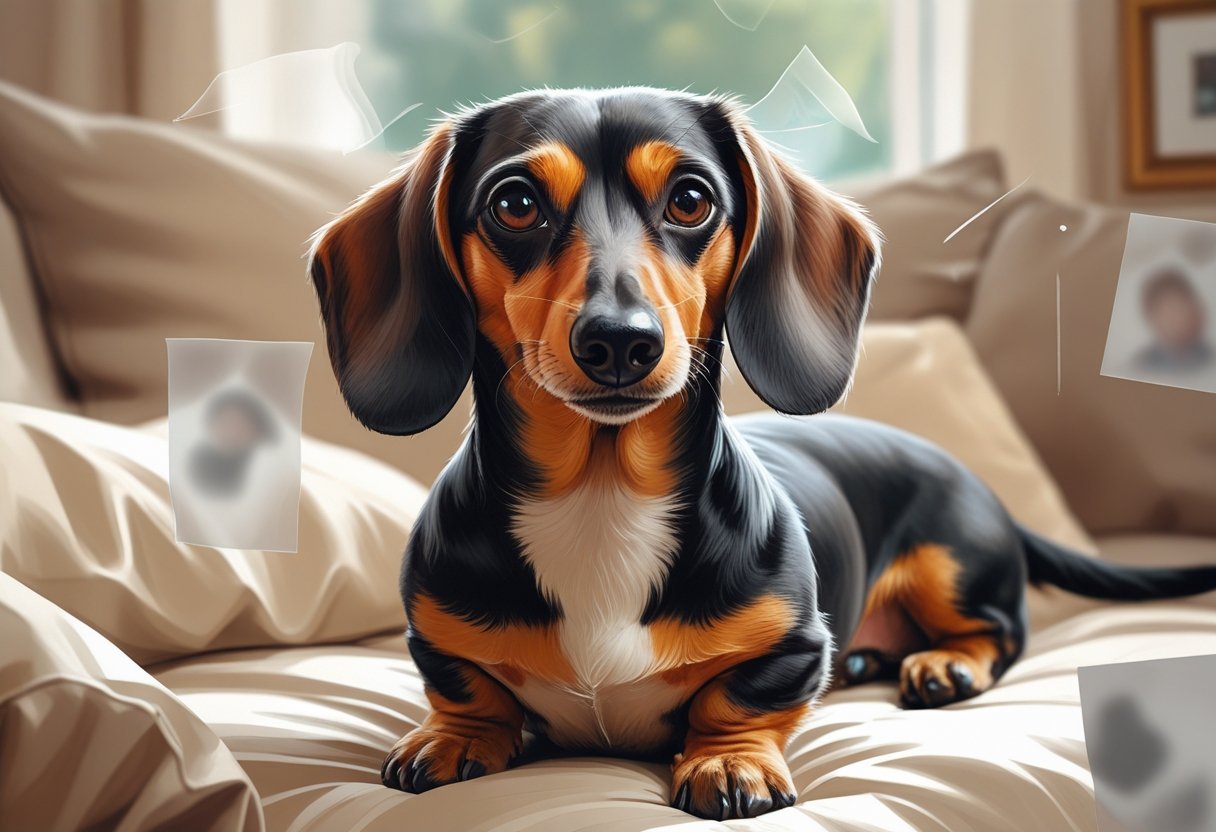 A dachshund dog sitting and looking confused in a home setting with faint, fading images of familiar objects around it.
