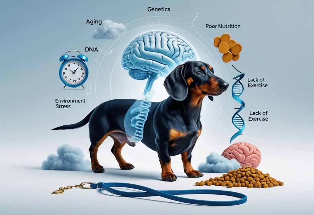 A realistic Dachshund with a semi-transparent view of its brain surrounded by symbols representing aging, genetics, poor nutrition, lack of exercise, and environmental stress.