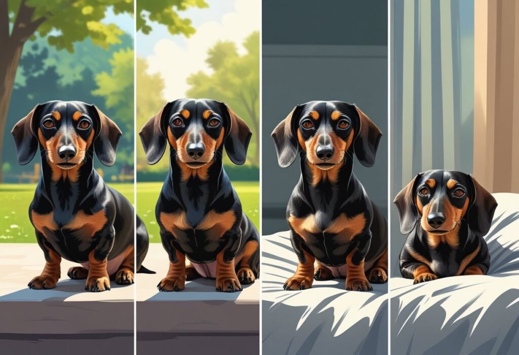 Four side-by-side images showing a dachshund dog progressing from healthy and alert to confused, disoriented, and finally resting quietly in a bed.
