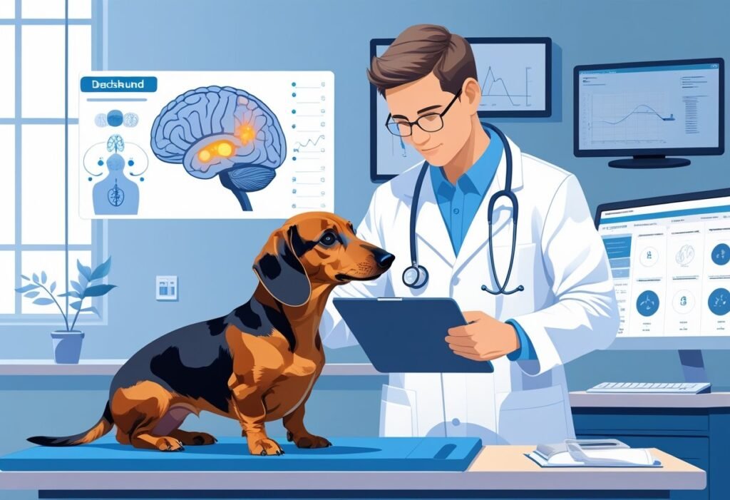 A veterinarian examines a Dachshund on an examination table with brain scan images and medical equipment in a veterinary clinic.