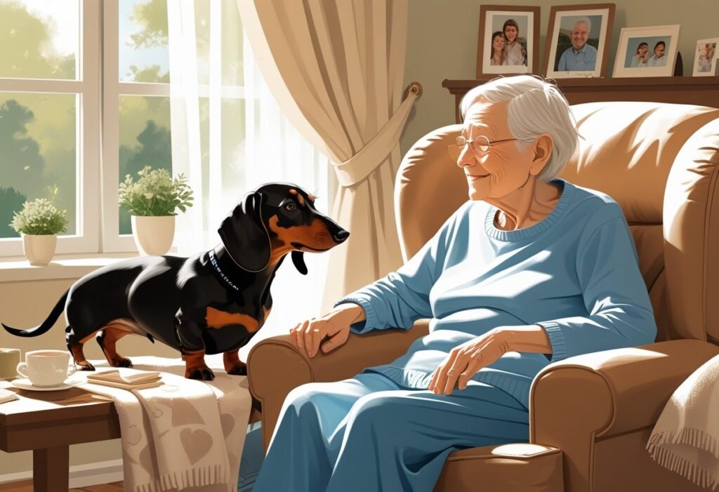 An elderly person sitting in a chair with a dachshund resting nearby, in a cozy living room setting.