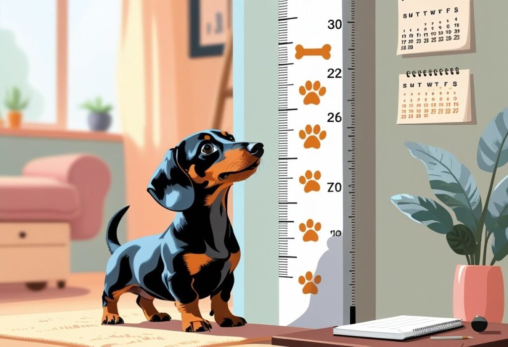 A dachshund puppy standing next to a vertical growth chart with measurement marks and playful icons in a cozy room.