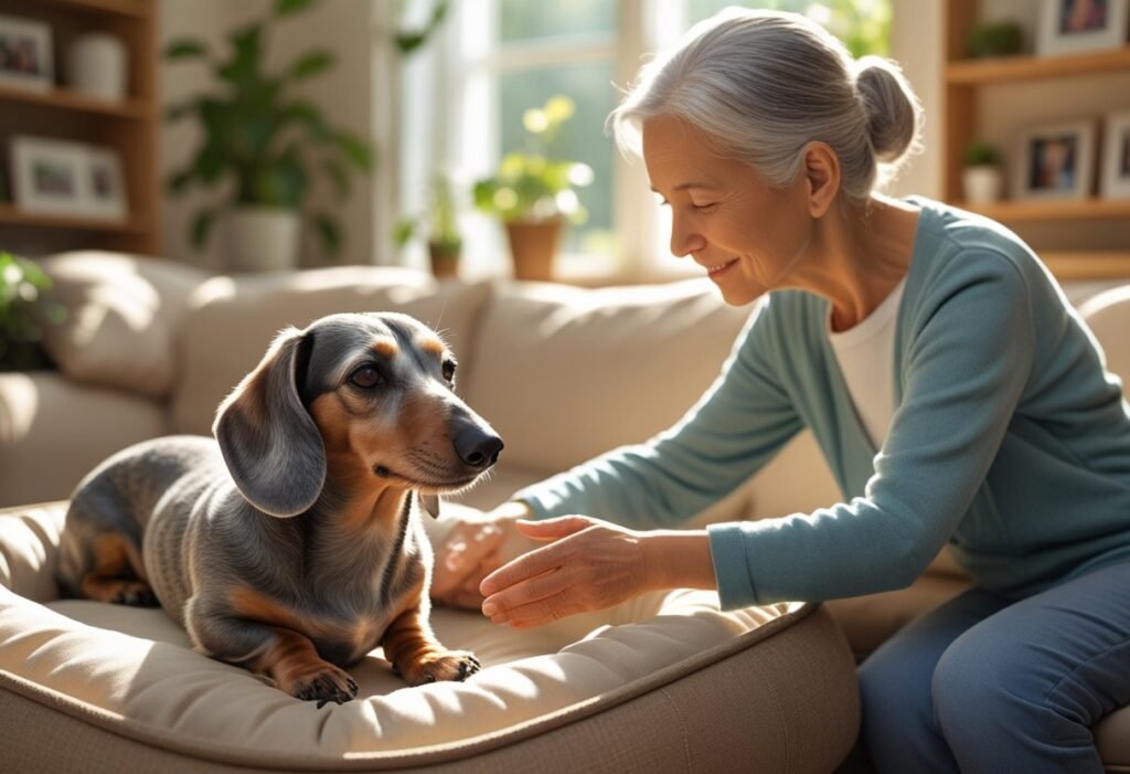 An elderly dachshund resting on a dog bed in a living room while a person gently pets it, showing care and compassion.