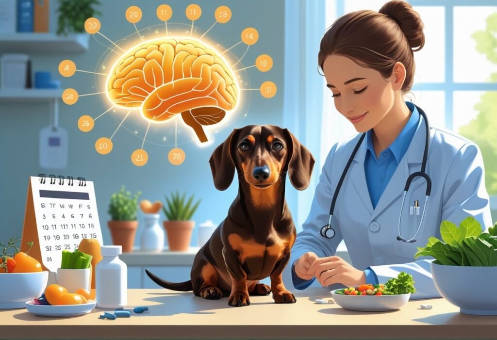 A dachshund sitting calmly in a cozy home while a veterinarian gently examines it, with symbols of brain health and care surrounding the dog.
