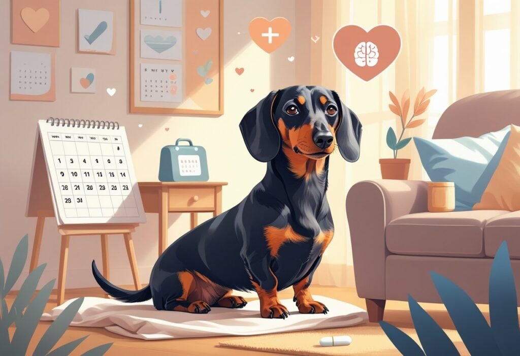 A dachshund sitting on a blanket in a cozy living room, showing a gentle and slightly confused expression with subtle symbols indicating memory and care around it.