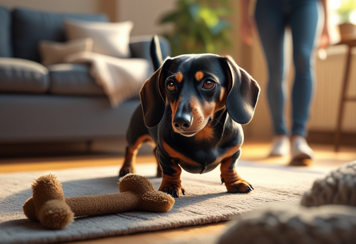 A dachshund standing protectively over a chew toy while a person approaches cautiously in a home setting.