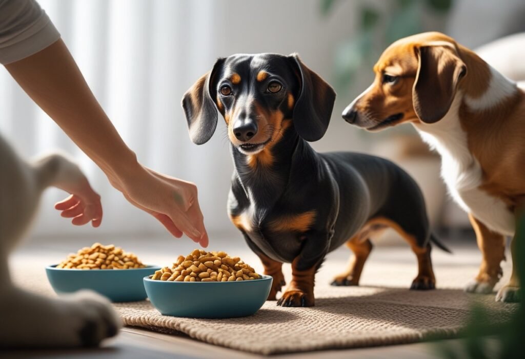 A dachshund standing protectively over a bowl of food while a hand and another dog approach nearby.