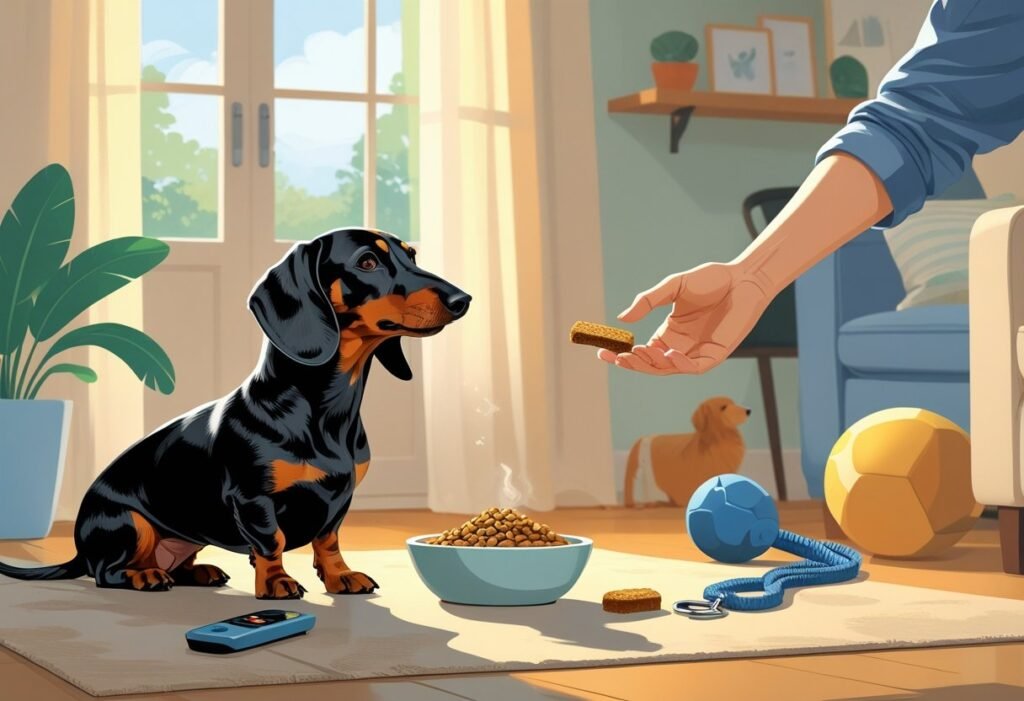 A calm dachshund sitting next to a food bowl with a person gently offering a treat in a cozy room.