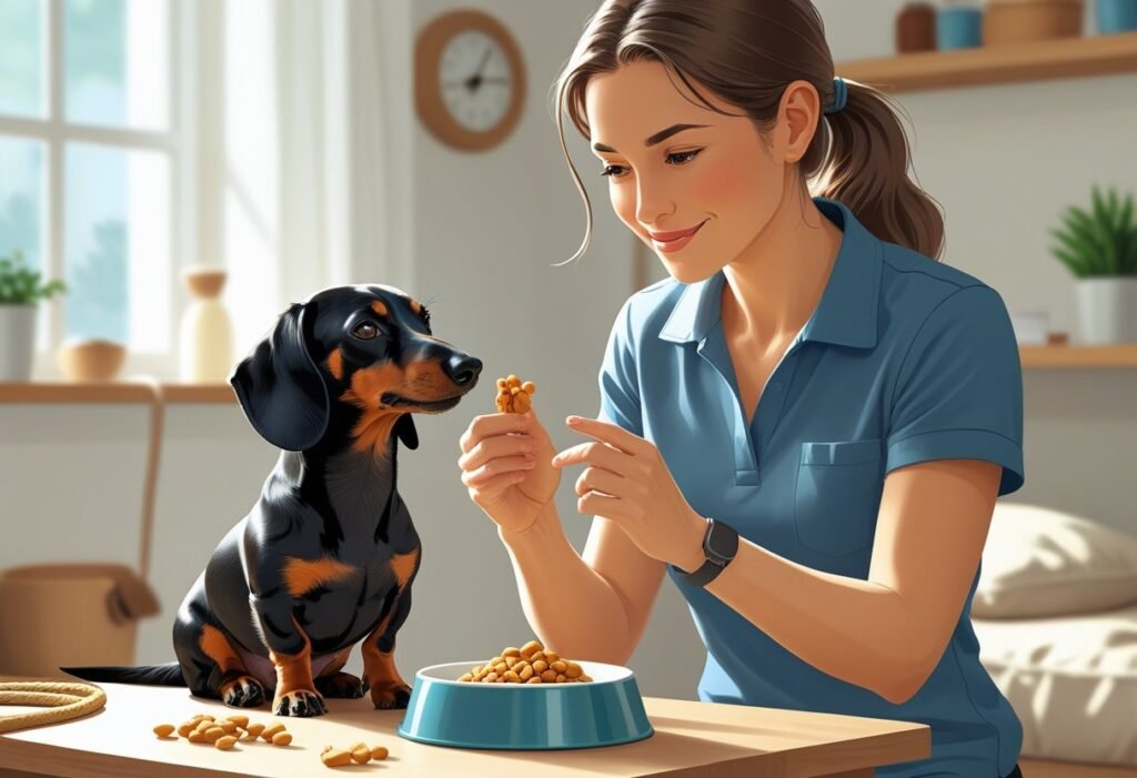 A dog trainer calmly working with a Dachshund near a bowl of food in a cozy indoor setting, demonstrating food aggression training.
