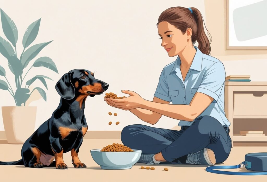 A dog behavior specialist calmly working with a dachshund near a bowl of food, using positive reinforcement to manage resource guarding.