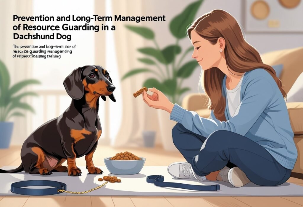 A calm Dachshund sitting next to a person offering a treat in a cozy home setting, showing positive interaction and training tools nearby.