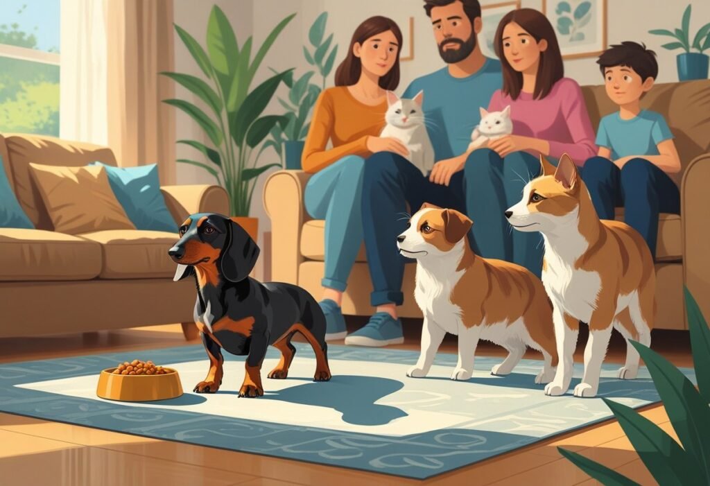 A small Dachshund protects its food bowl while a cat and a larger dog approach cautiously as family members watch nearby.