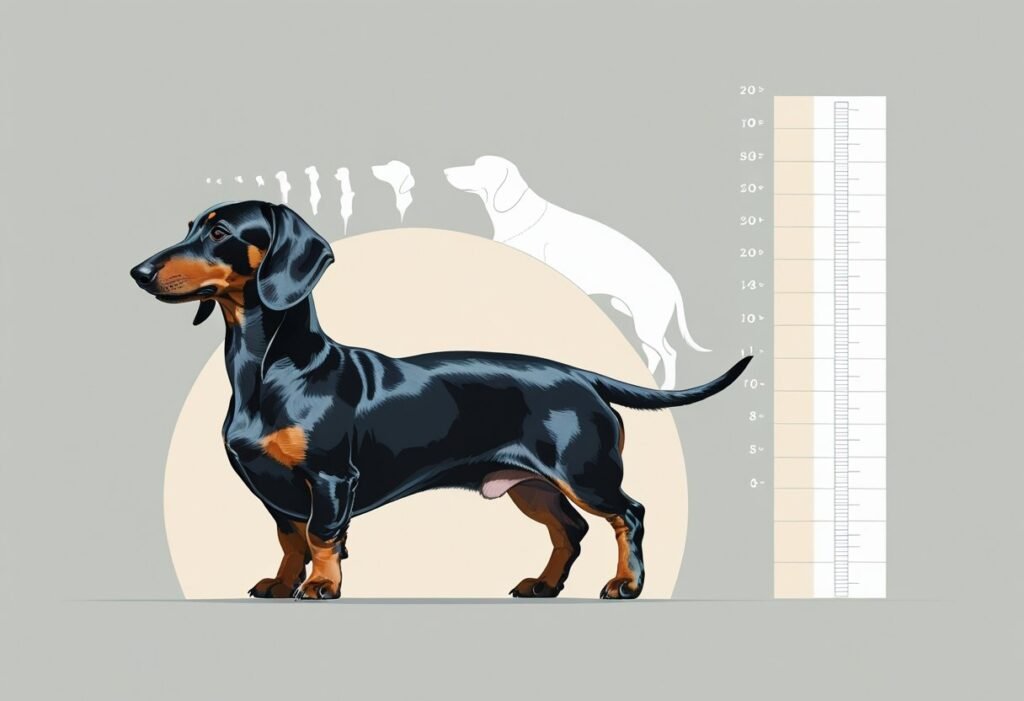 Illustration showing a dachshund with surrounding outlines indicating growth stages and highlighted areas on its body related to growth concerns.