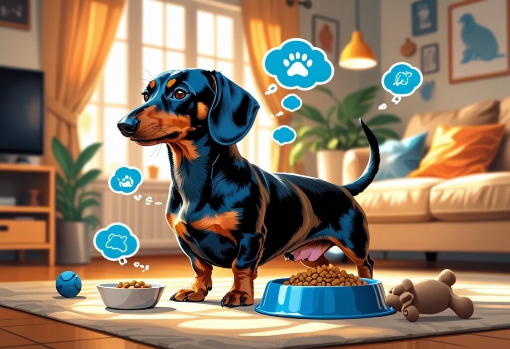 A dachshund protectively guarding its food bowl and toy in a cozy living room, showing a cautious expression.
