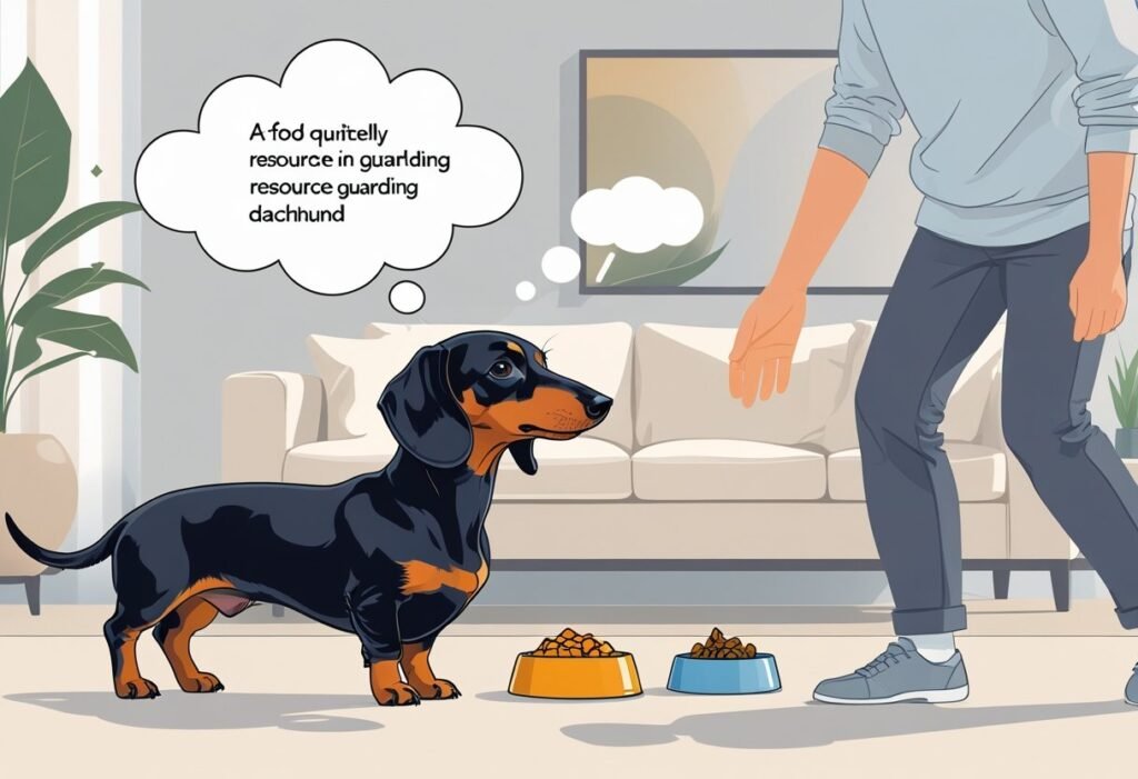 A Dachshund dog standing protectively near its food bowl and toy while a person approaches slowly with an open hand in a calm indoor setting.