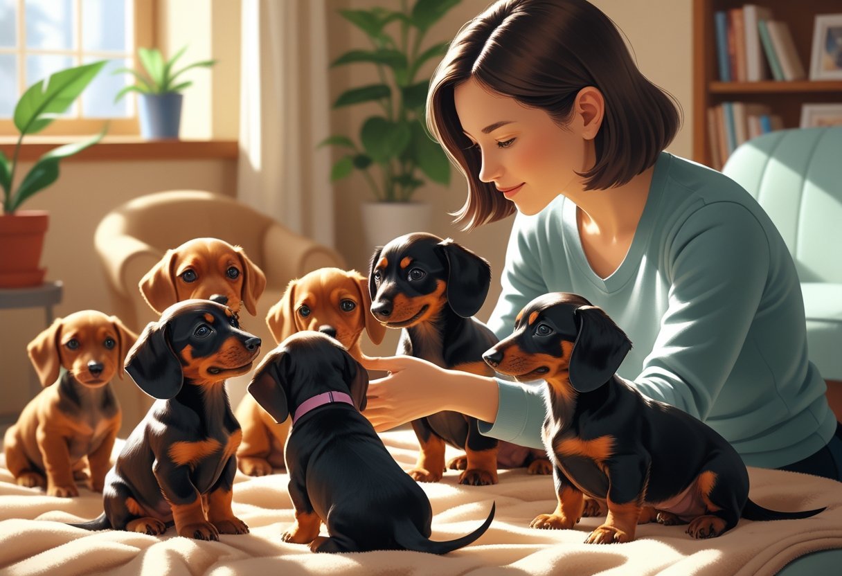A person carefully choosing a Dachshund puppy from a small group of puppies in a cozy room.