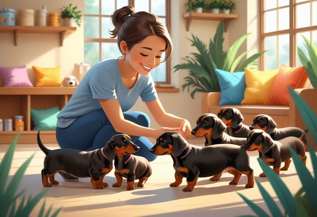 A person gently choosing a Dachshund puppy in a cozy pet adoption center with several puppies nearby.