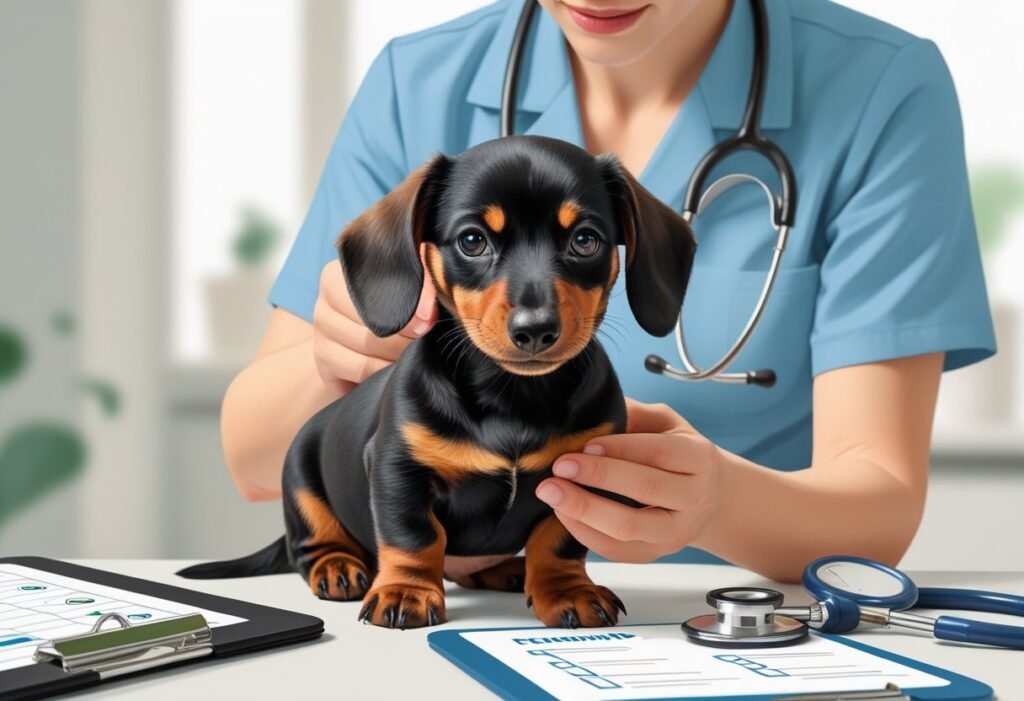 A person gently holding and examining a Dachshund puppy to assess its health in a clean indoor setting.