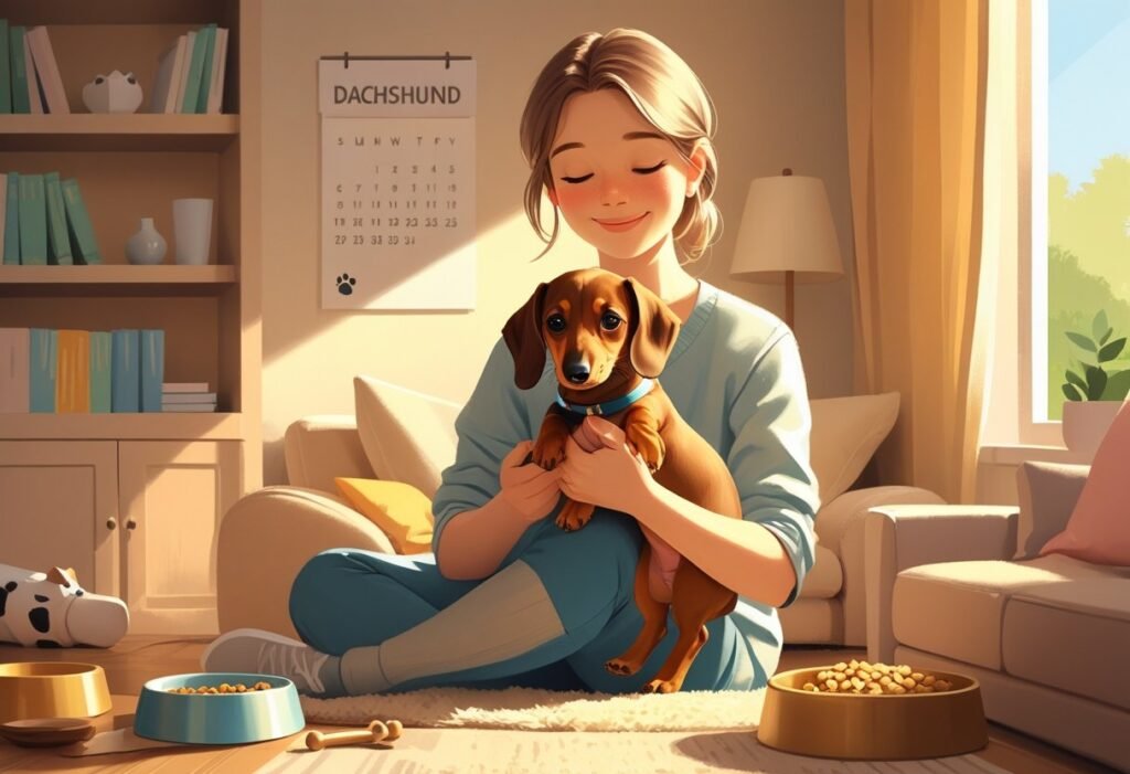 A person gently holding a small dachshund puppy in a cozy living room prepared with puppy supplies like a bed, toys, and food bowl.