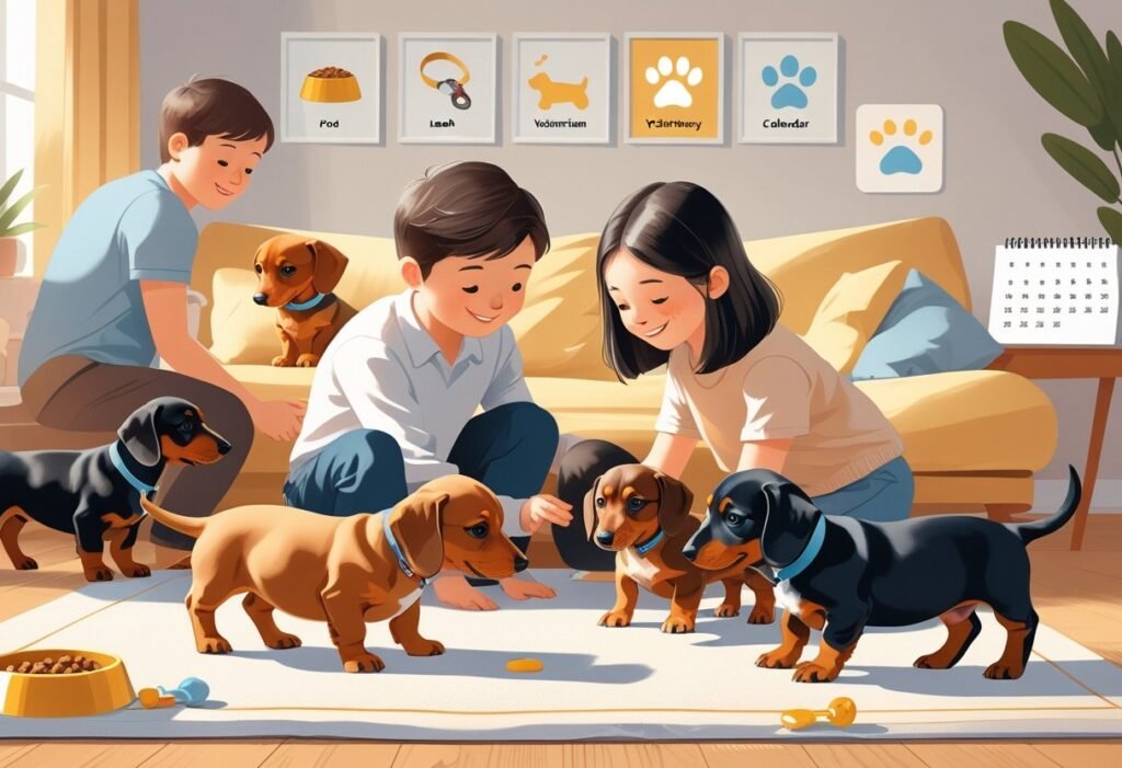 A family gently interacting with several Dachshund puppies inside a cozy room, surrounded by icons representing puppy care.