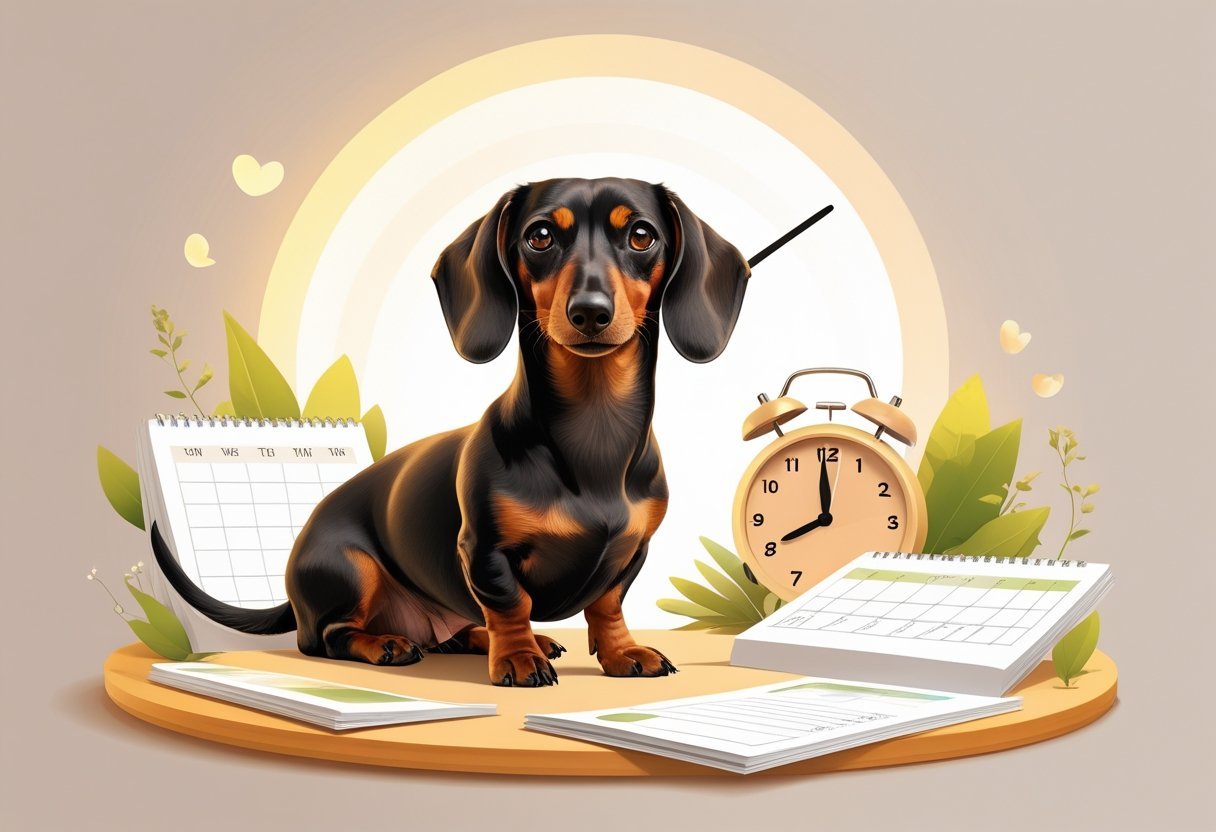 A dachshund dog standing calmly with subtle symbols of time and health around it.