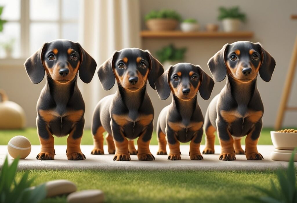 A series of Dachshund puppies at different growth stages standing on grass with healthy food and exercise items nearby.