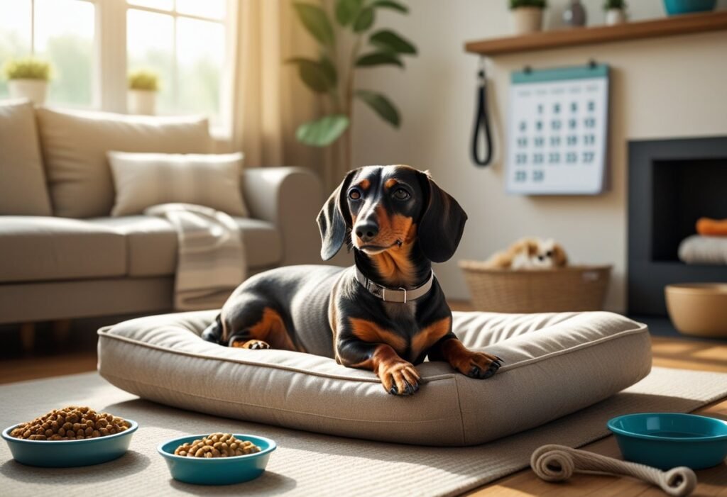 A Dachshund resting on a dog bed in a living room with dog food, water bowl, leash, and calendar nearby, suggesting attentive pet care.