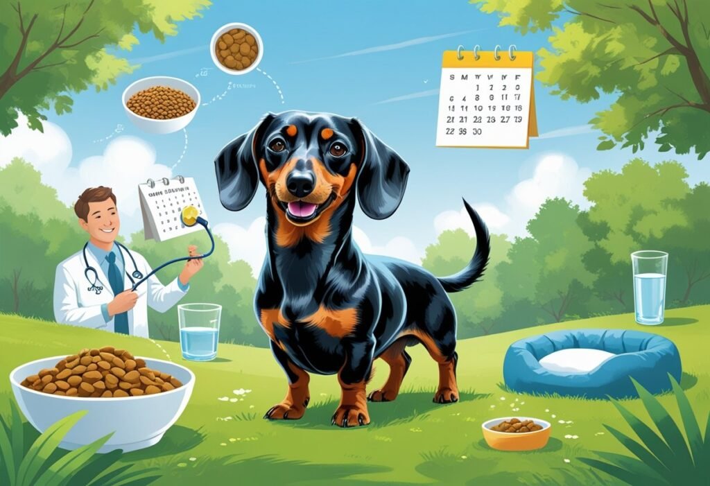 A happy dachshund in a park surrounded by symbols of healthy living like nutritious food, a veterinarian, a leash, fresh water, and a cozy bed.