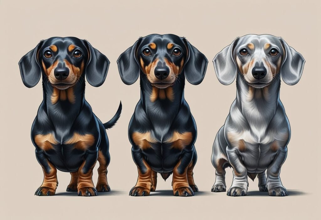 Three Dachshunds side by side showing young, middle-aged, and elderly stages with differences in fur color and posture.