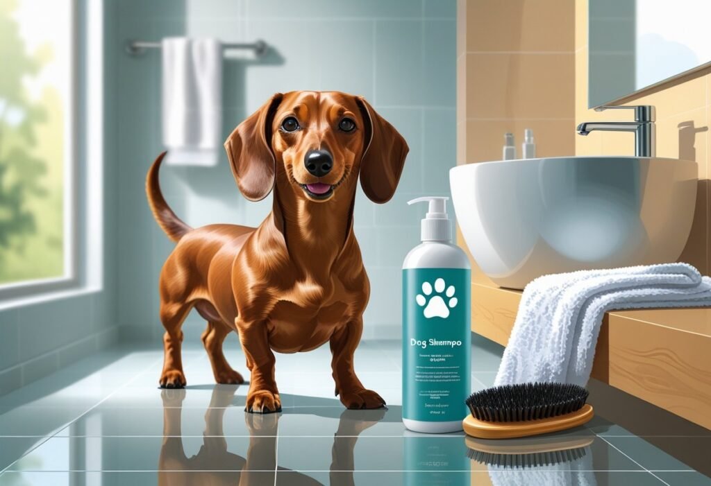 A happy dachshund standing next to a bottle of dog shampoo in a bright bathroom with a towel and brush nearby.