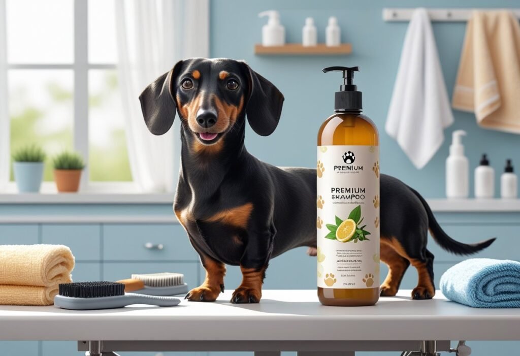 A happy dachshund stands on a grooming table in a clean salon with a bottle of dog shampoo and grooming tools nearby.