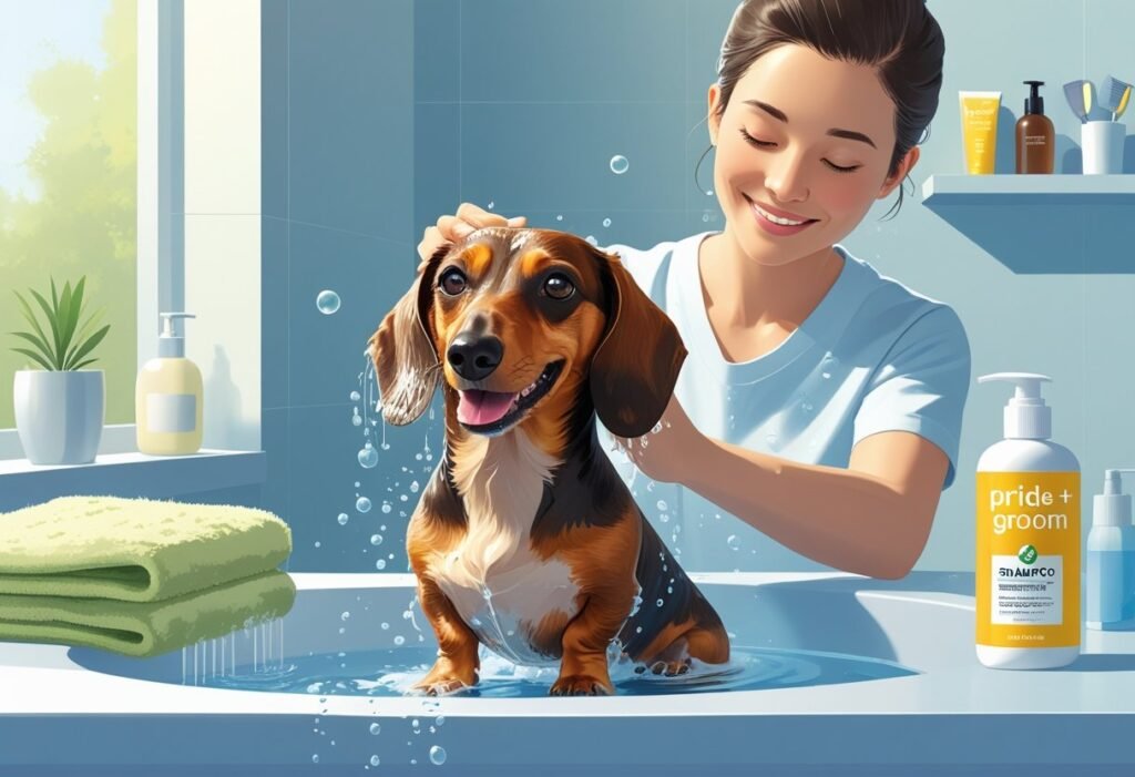 A dachshund being shampooed by its owner in a bright bathroom with grooming supplies nearby.