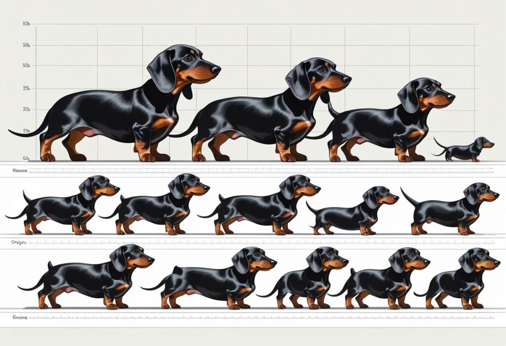 Illustration showing dachshunds at different growth stages from puppy to adult arranged along a size chart with measurement markers.