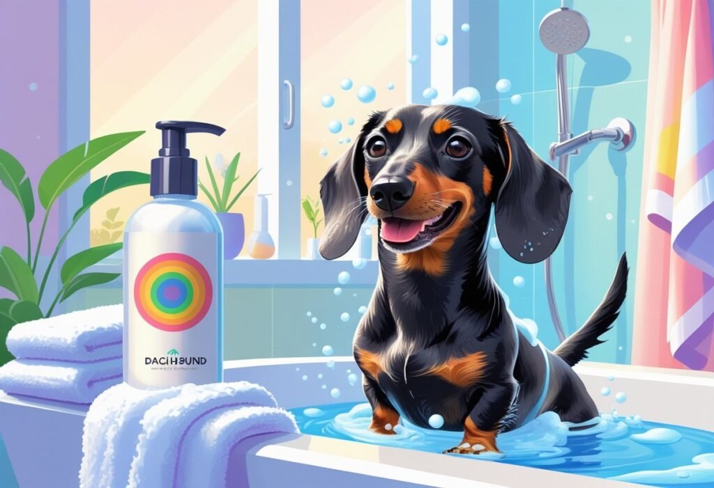 A Dachshund dog being gently bathed with shampoo in a bright bathroom, with bubbles and a shampoo bottle nearby.
