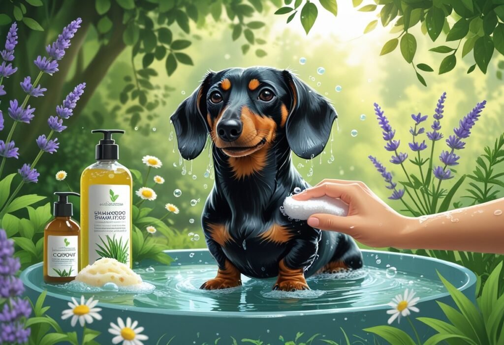A dachshund being gently bathed outdoors with natural plants and shampoo ingredients around, showing a clean and happy dog in a garden.