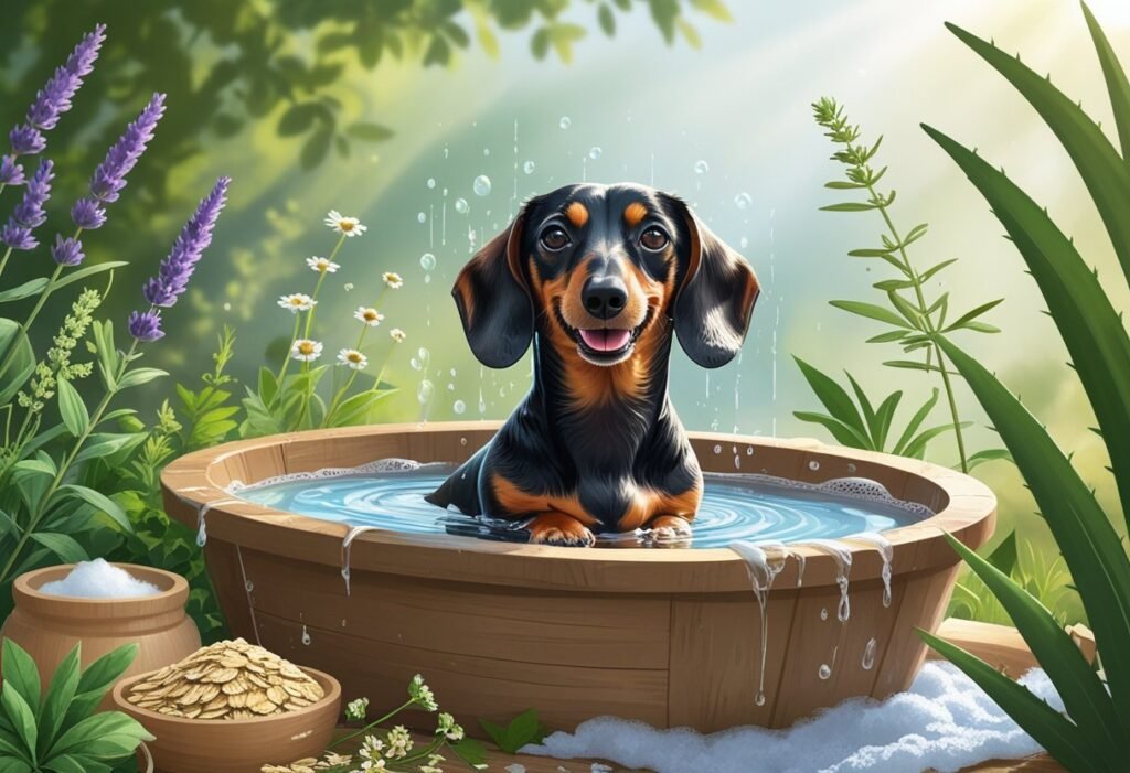 A Dachshund dog being bathed outdoors in a wooden tub surrounded by natural plants and herbs.