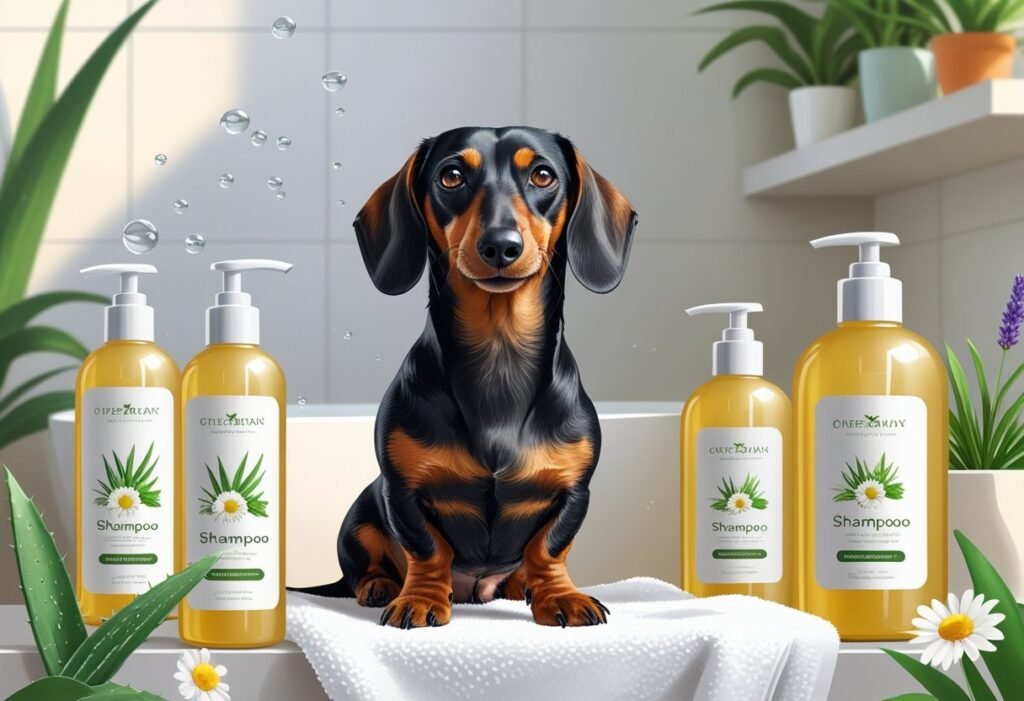 A dachshund sitting on a towel in a bathroom surrounded by natural shampoo bottles and botanical elements.
