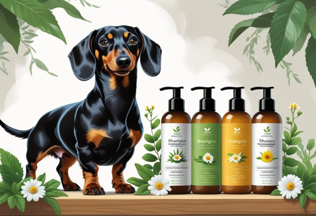 A happy dachshund with a shiny coat standing next to several natural dog shampoo bottles surrounded by green leaves and flowers.
