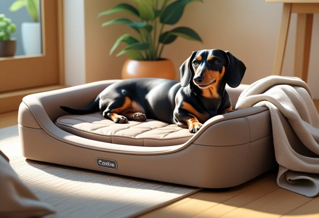 A dachshund resting comfortably on a supportive orthopedic pet bed in a cozy indoor setting.