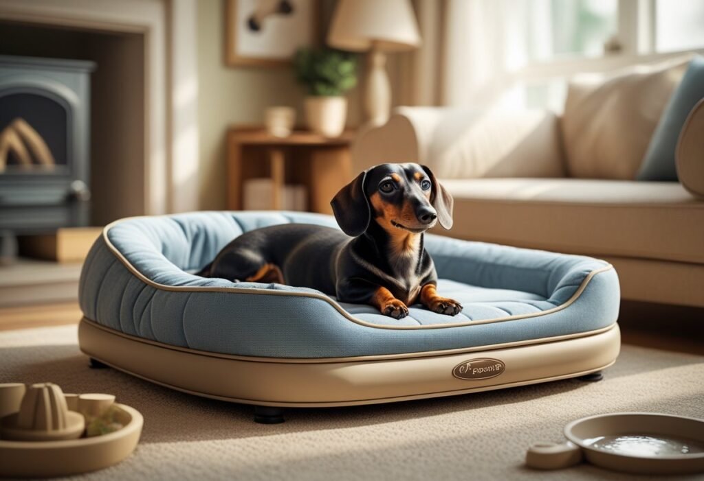 A dachshund resting comfortably on a supportive orthopedic pet bed in a cozy living room.